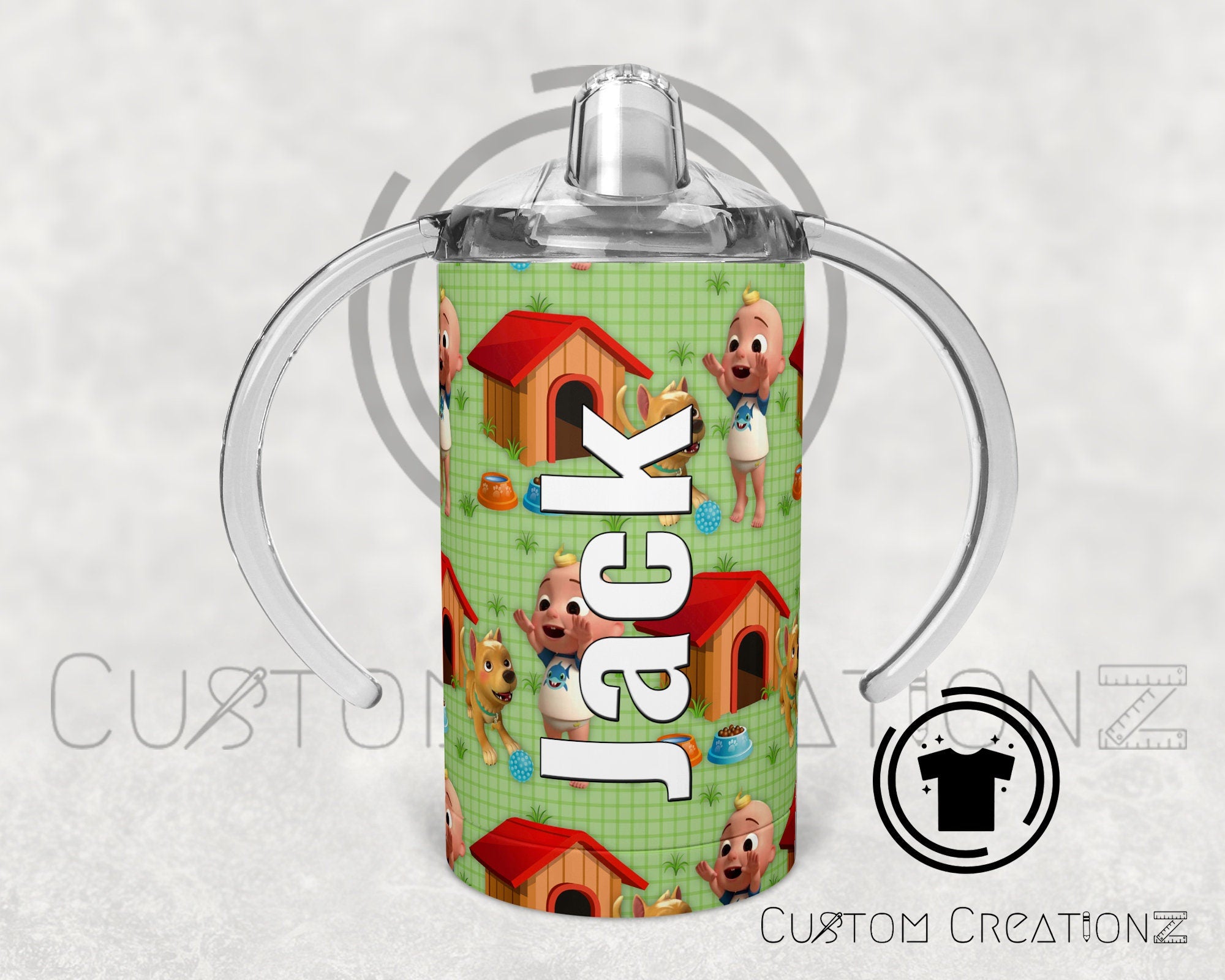 Custom- personalized Trainer Stainless steel 12oz. sippy cups- baby - kids -Cocomelon