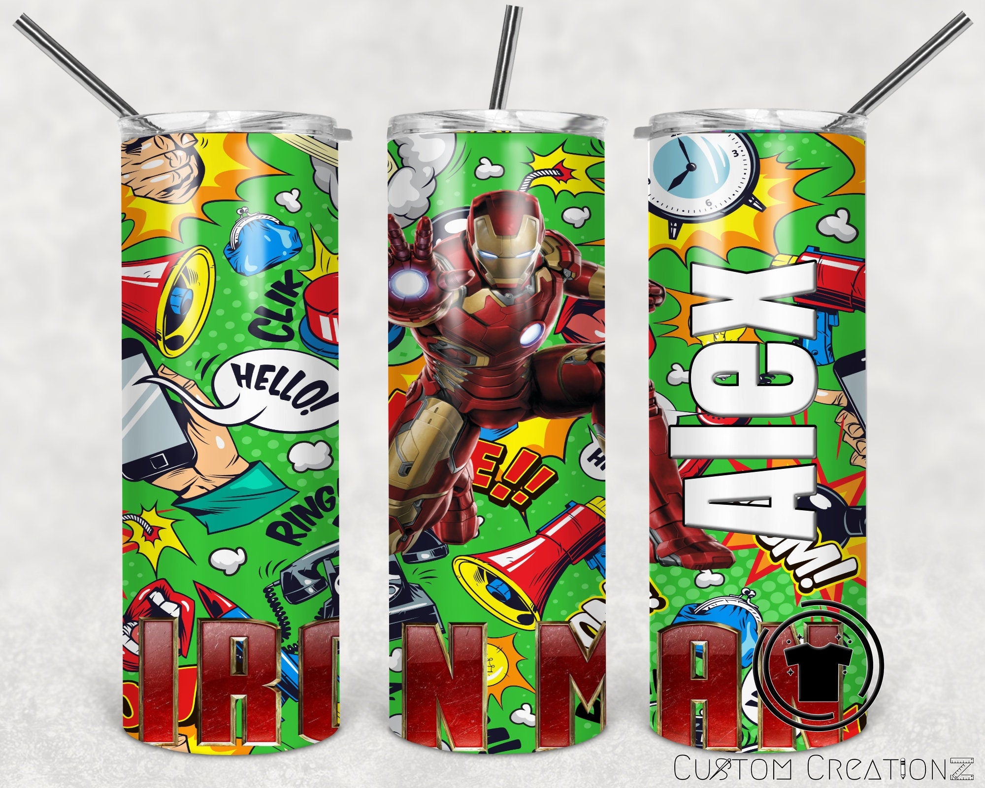 Personalized Stainless Steel 20oz. Tumbler with metal straw. - Kids - adults - comic book - fan - Iron